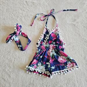 Baby Girl Size 80 Floral Halter Romper Pom Poms  Roses Headband Sun Suit